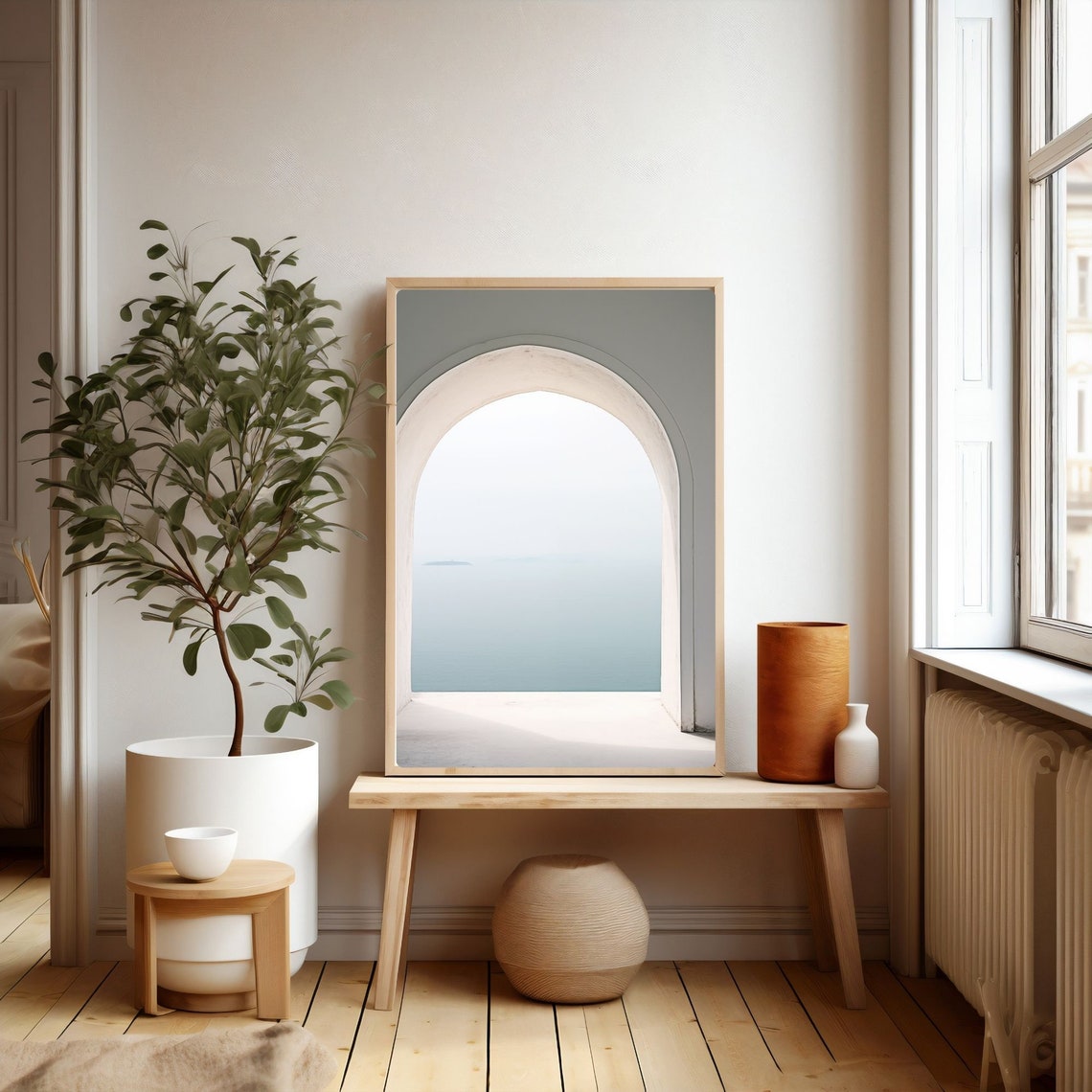 Minimalist White Greek Archway Framing Ocean View Photo Poster - Image 2