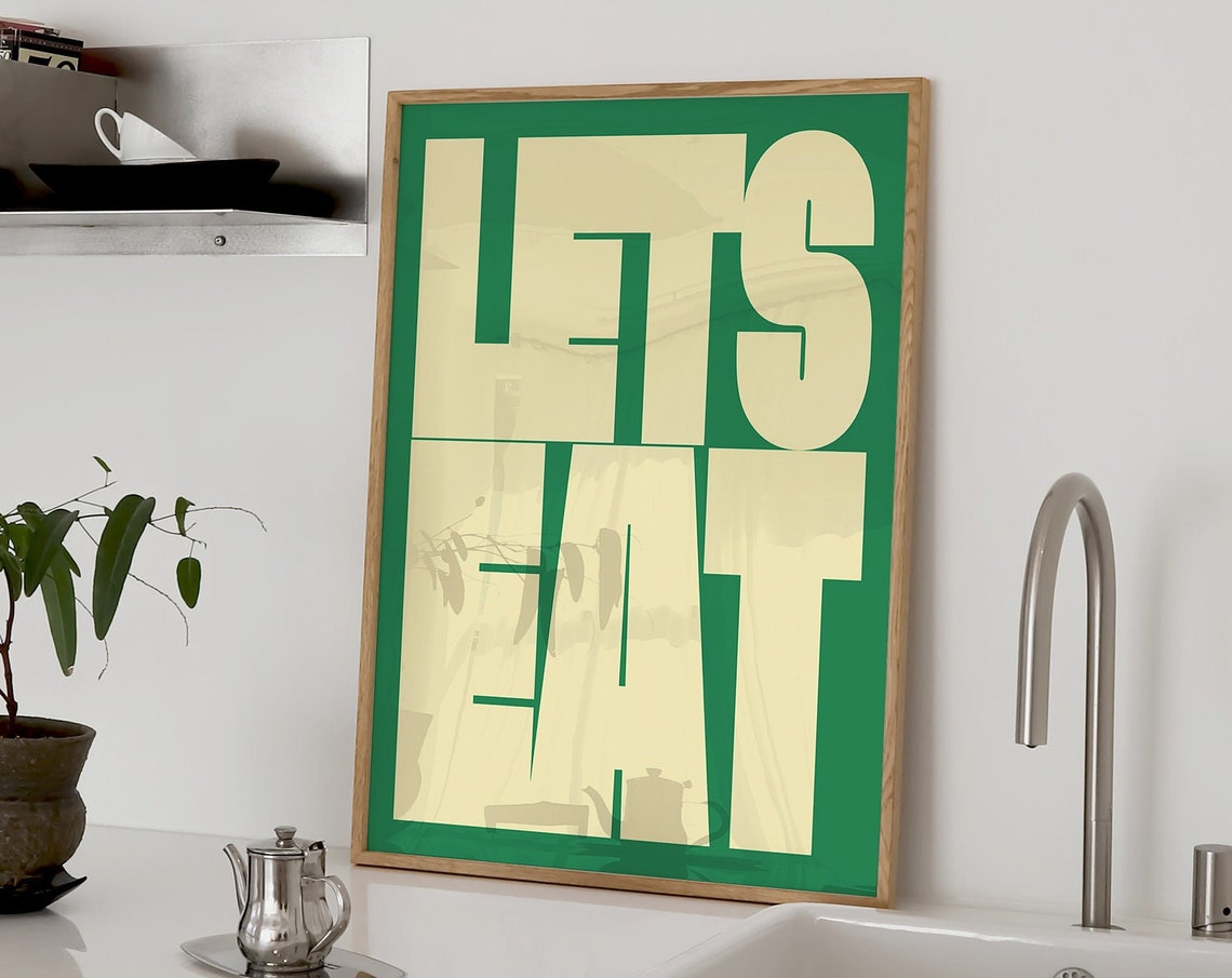 Lets Eat Bold Kitchen Typography Poster Green Retro Wall Decor Art
