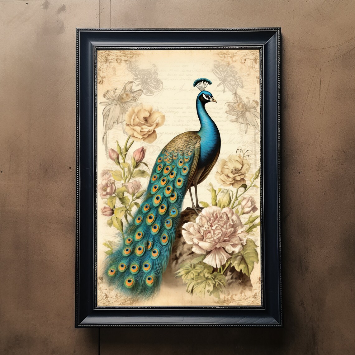 Vintage Peacock With Roses Antique Botanical Style Bird Print