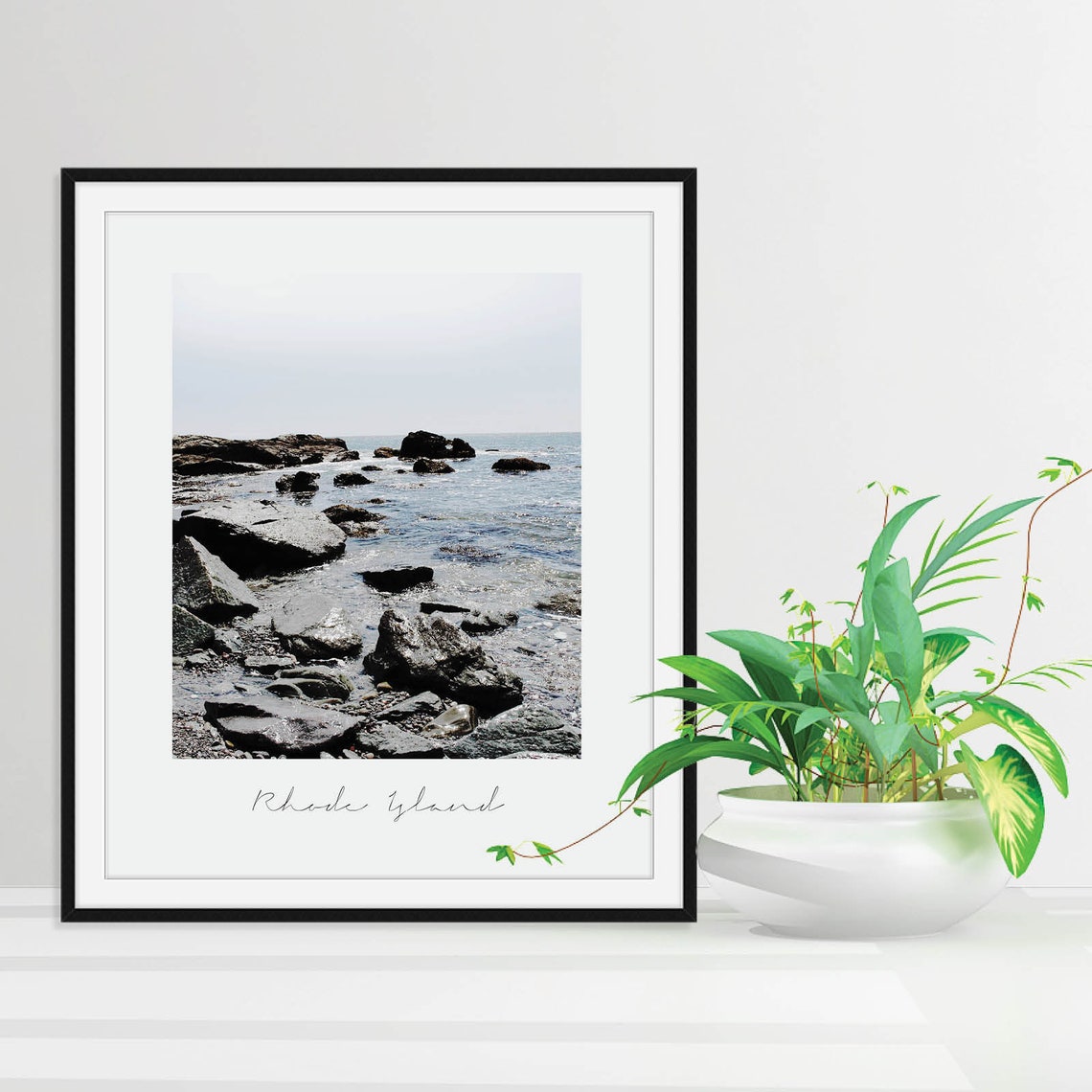 Rhode Island Rocky Coastline Photography Print with Script Title - Image 2
