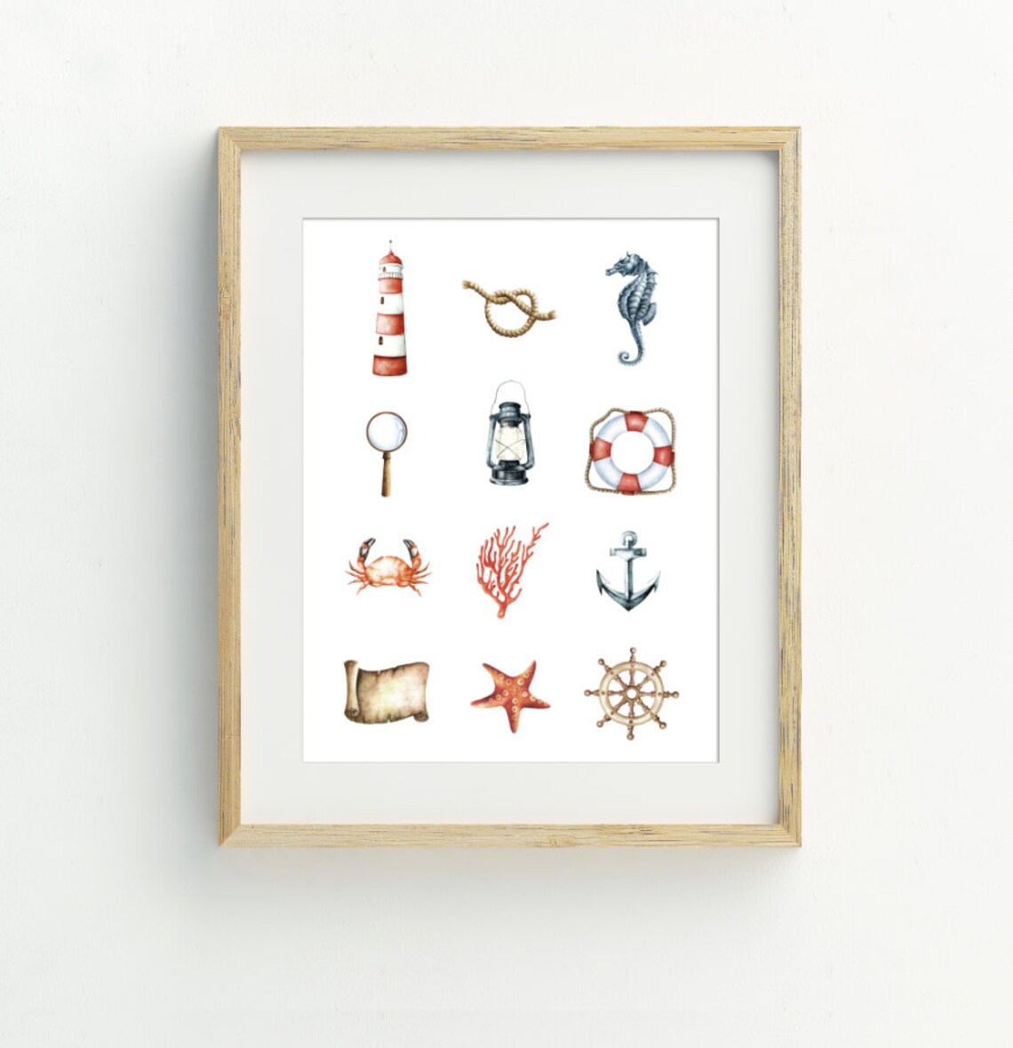 Watercolor Nautical Icons Anchor Lighthouse Seahorse Coastal Wall Art - Image 2