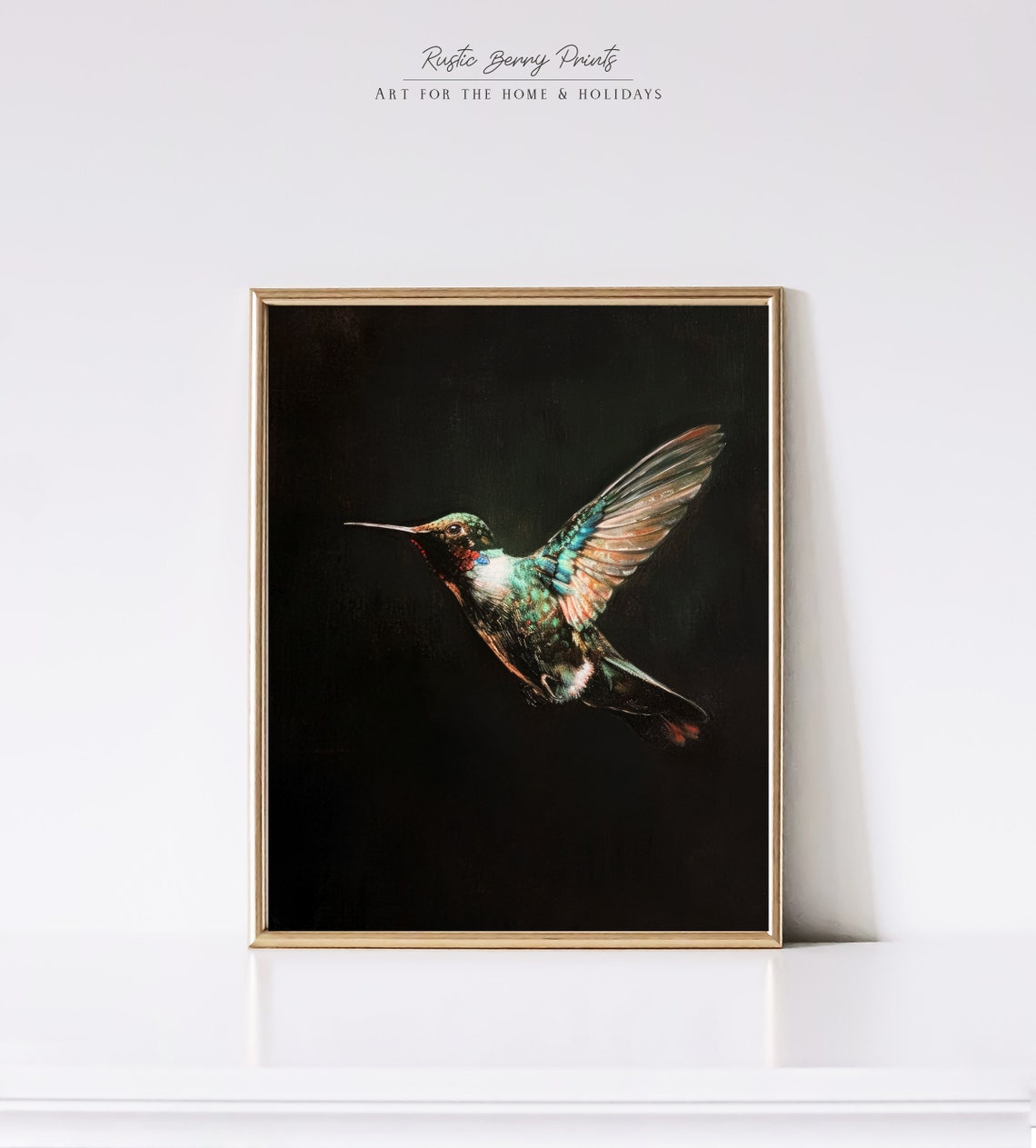 Hummingbird in Flight Iridescent Wings Black Background Wall Art