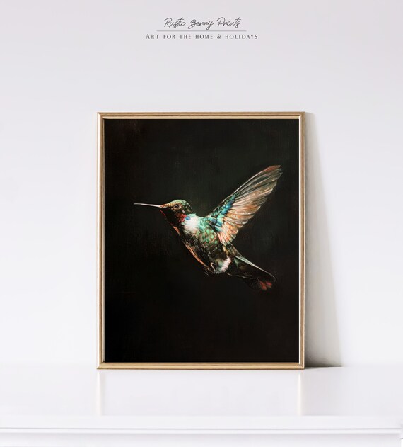 Hummingbird Oil Painting Art Print Wall Art Vintage Moody Art Dark Academia Antique Print Moody Cottagecore