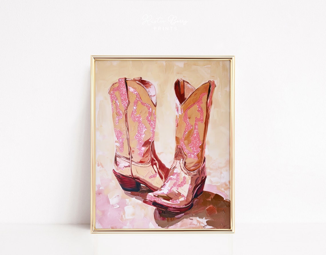 Glossy Pink Cowboy Boots Vintage Western Glam Preppy Art Poster