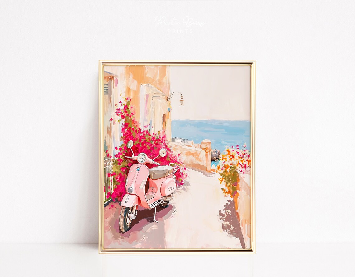 Pink Vespa Scooter Coastal Street Bougainvillea Sea View Italy Poster