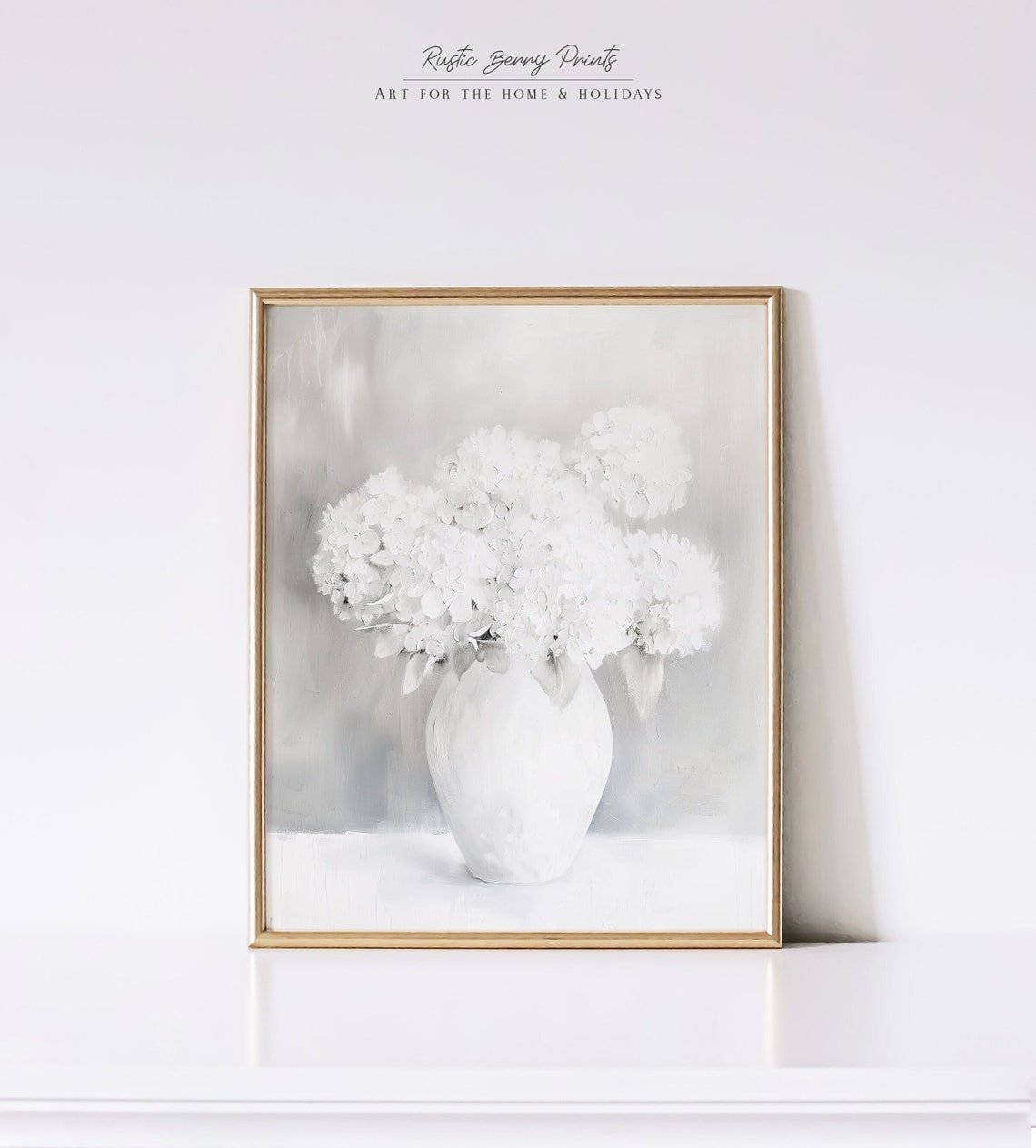 White Hydrangeas In White Vase Monochrome Floral Still Life Art Poster