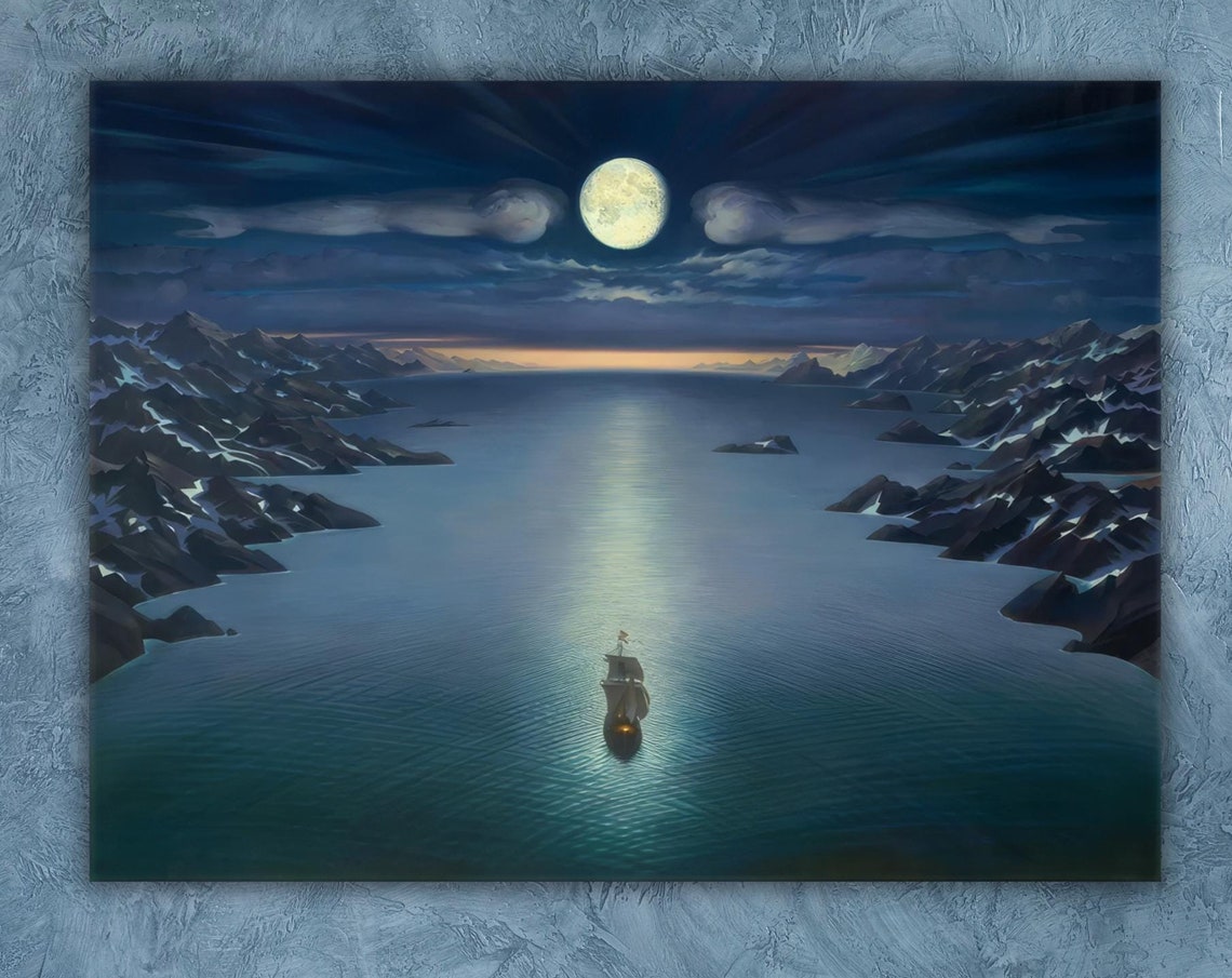 Lone Ship Under Full Moon Night Sea Mountains Moonlight Art Poster