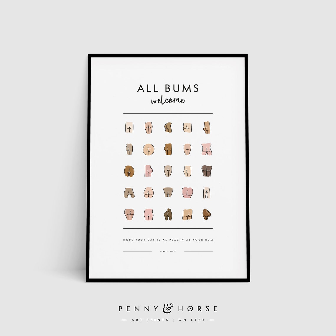 Diverse Butts Illustration Grid Minimalist Funny Bathroom Wall Art