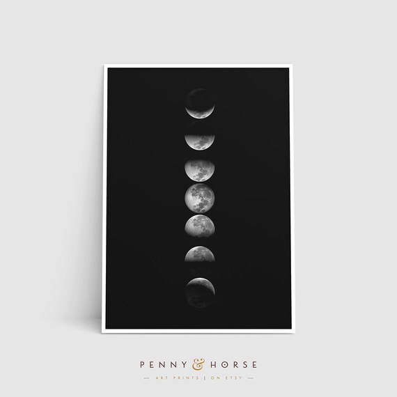 Lunar Phases Vertical Column Black Minimalist Celestial Moon Poster