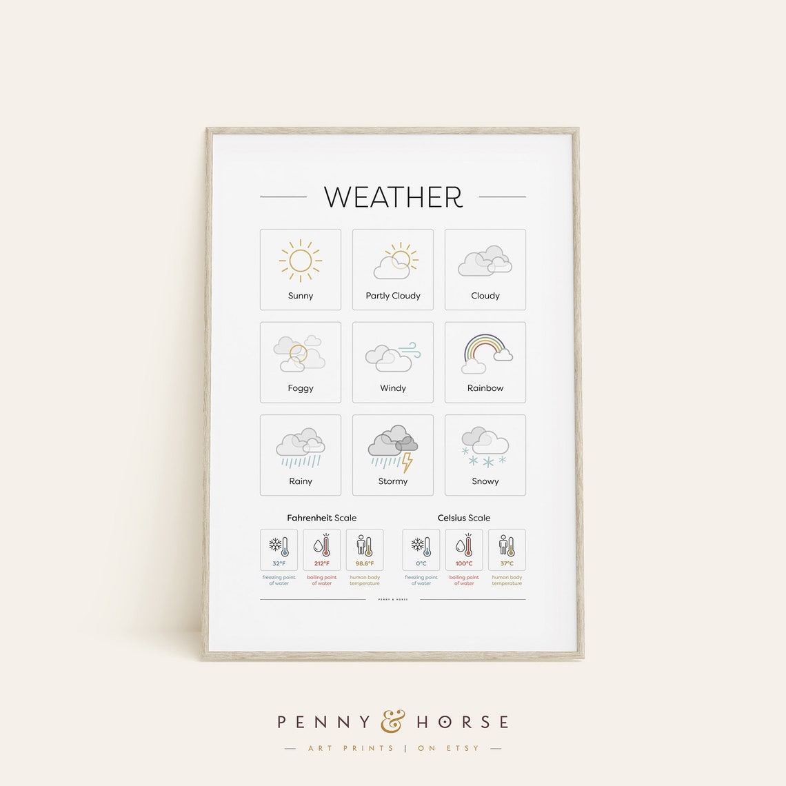 Weather Symbols and Temperature Scales Kids Educational Poster