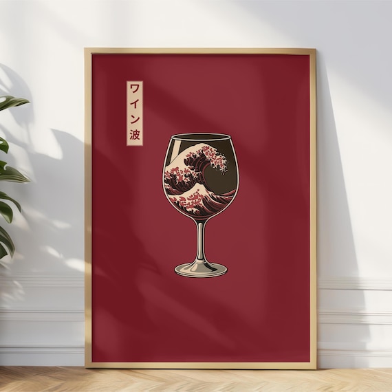 Japanese Great Wave Inside Wine Glass Red Background Art Poster
