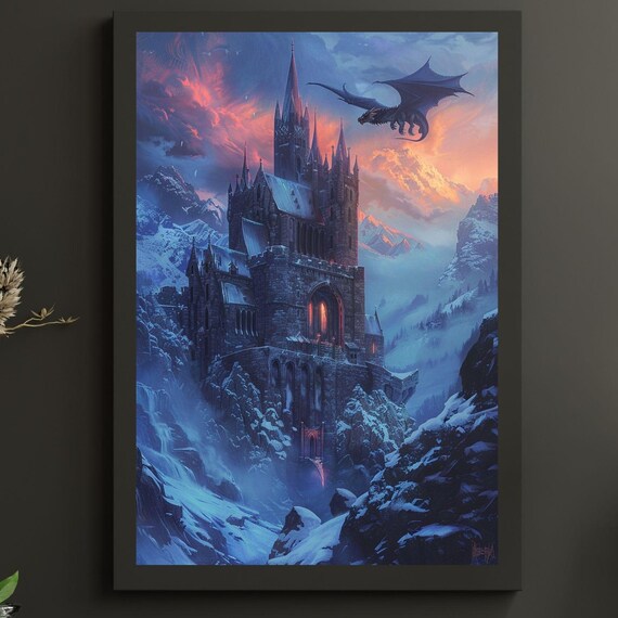 Fantasy Castle Poster Dragon Wall Art Medieval Print Snowy Mountain Gift For Him Decor Gothic