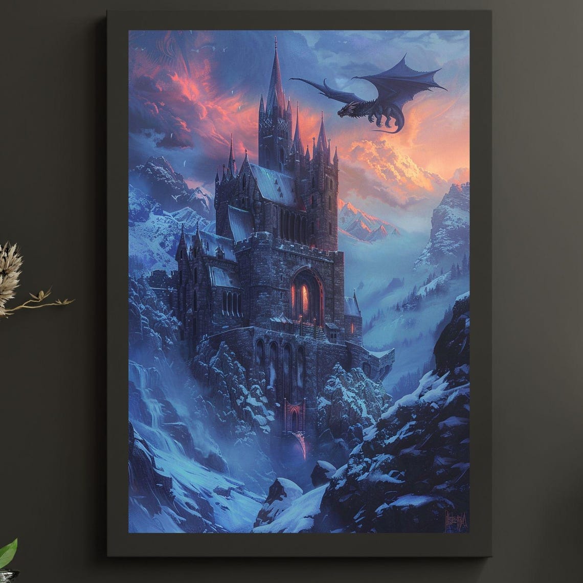 Epic Dragon Soaring Over Snowy Medieval Castle Sunset Poster