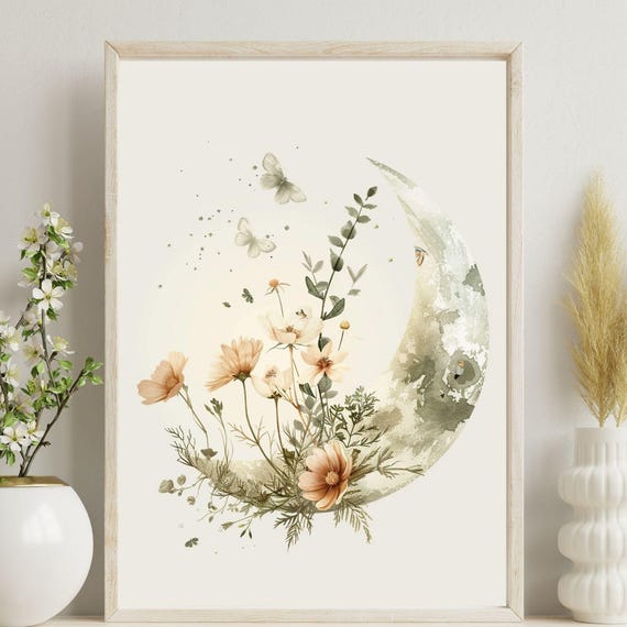 Botanical Wall Art Floral Poster Boho Nature Print Celestial Decor Crescent Moon Neutral Flower Soft Gift