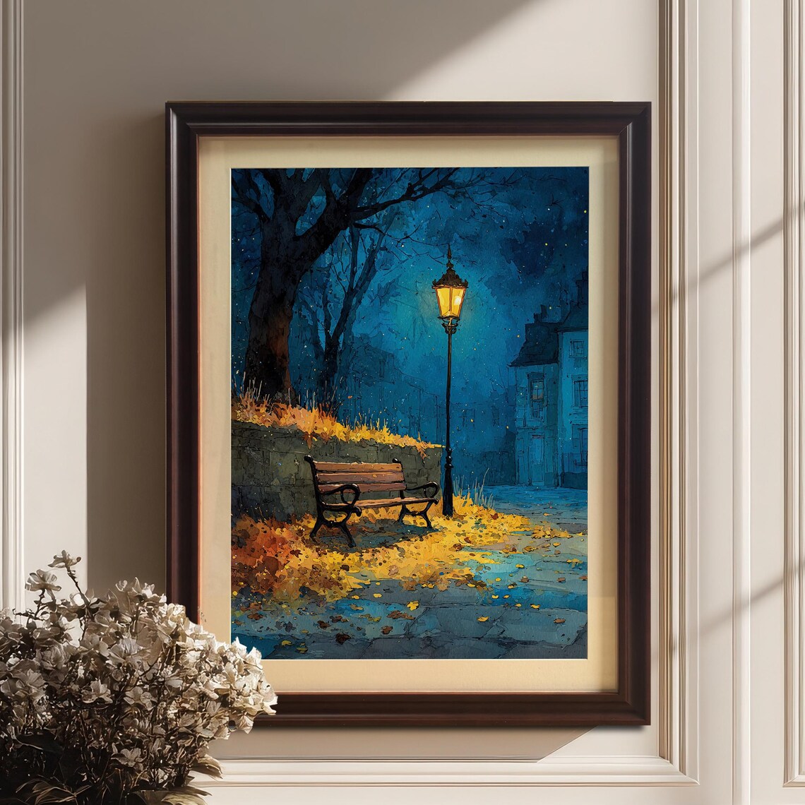 Autumn Night Streetlight Bench Art Print