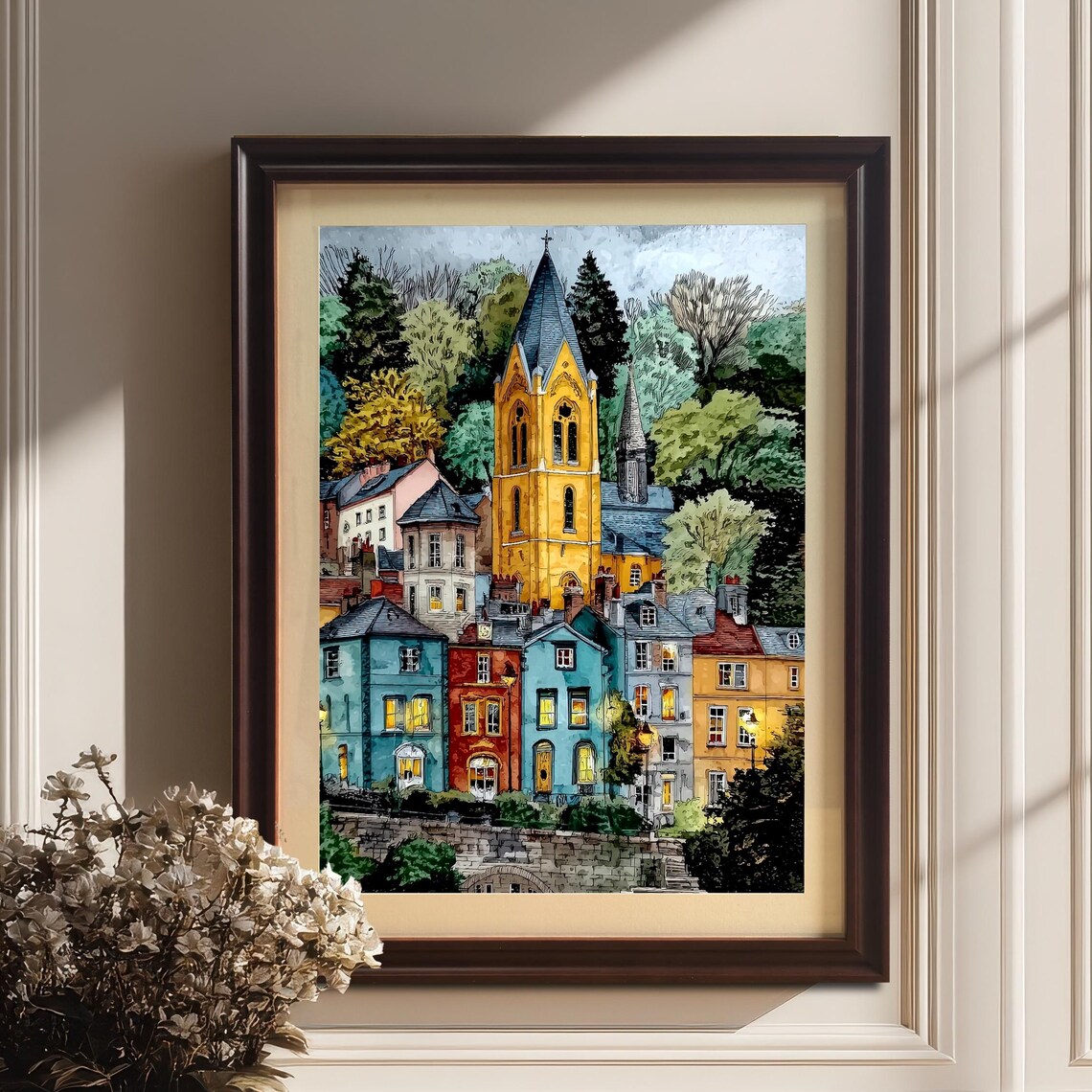 European Village Church Townscape Watercolor Style Art Print