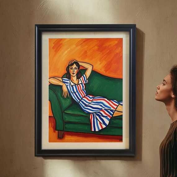 Woman In Striped Dress On Green Sofa Fauvist Bold Color Poster