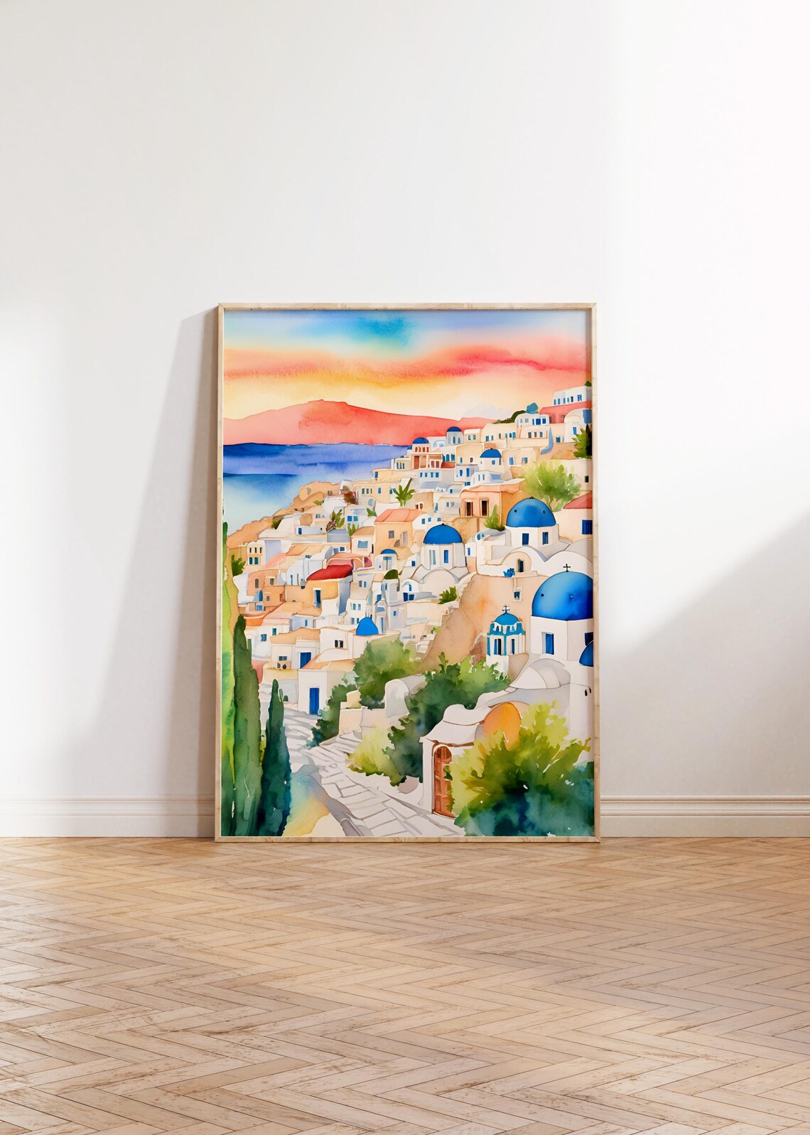 Santorini Blue Domed Churches Sunset Watercolor Greece Art Print - Image 2