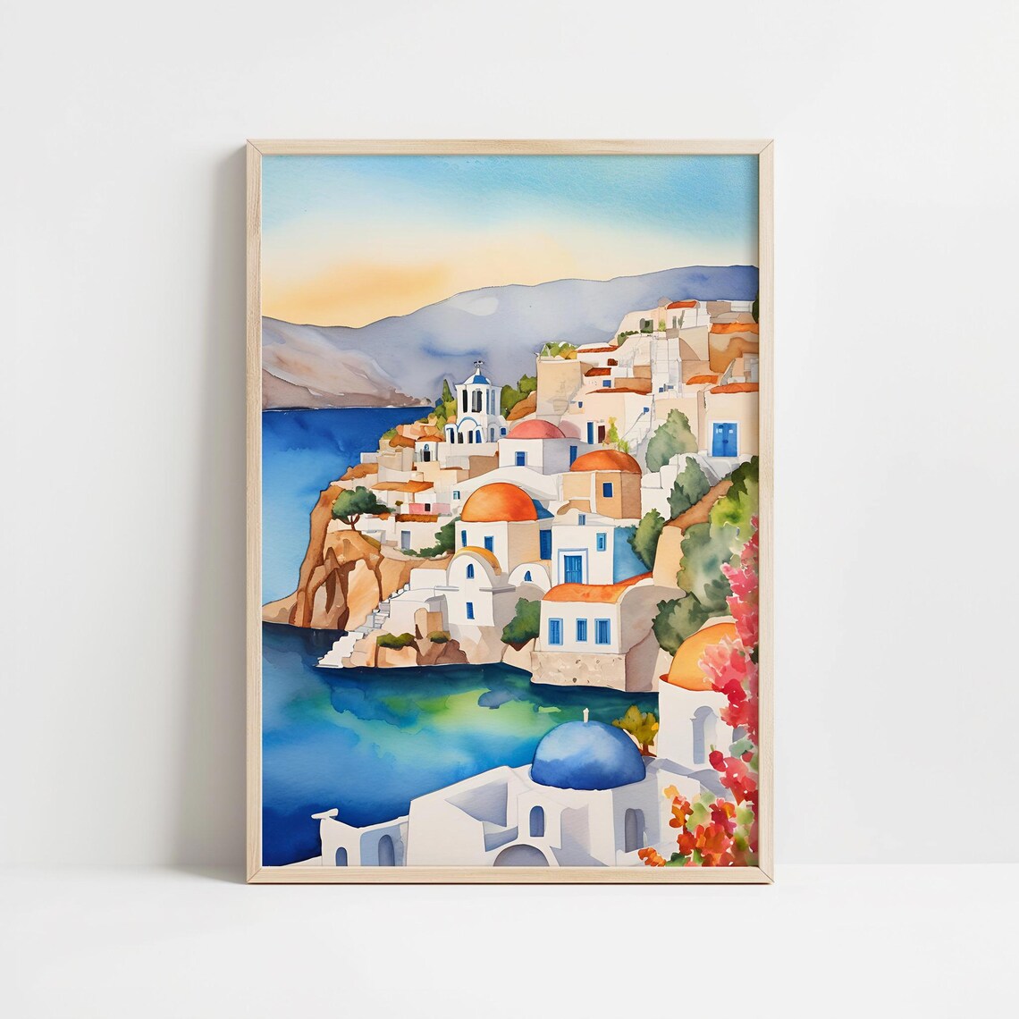 Greek Hillside Village Blue Dome Church Mountain Watercolor Poster