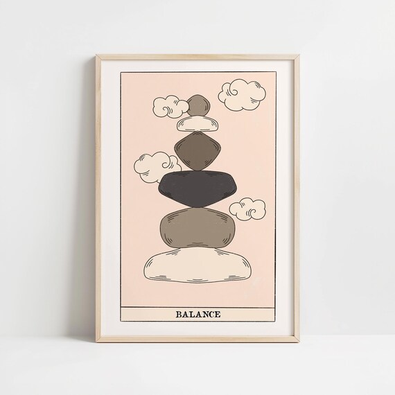 Balance Tarot Card Art with Stacked Zen Stones on Blush Poster