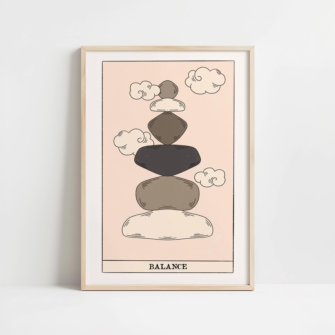 Balance Tarot Card Art with Stacked Zen Stones on Blush Poster