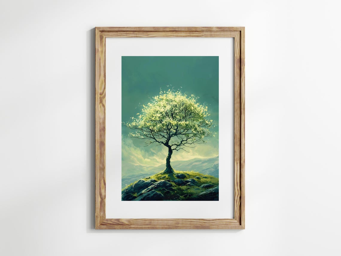 Golden Yellow Tree Luminous Teal Sky Tranquil Valley Hillside Poster - Image 2