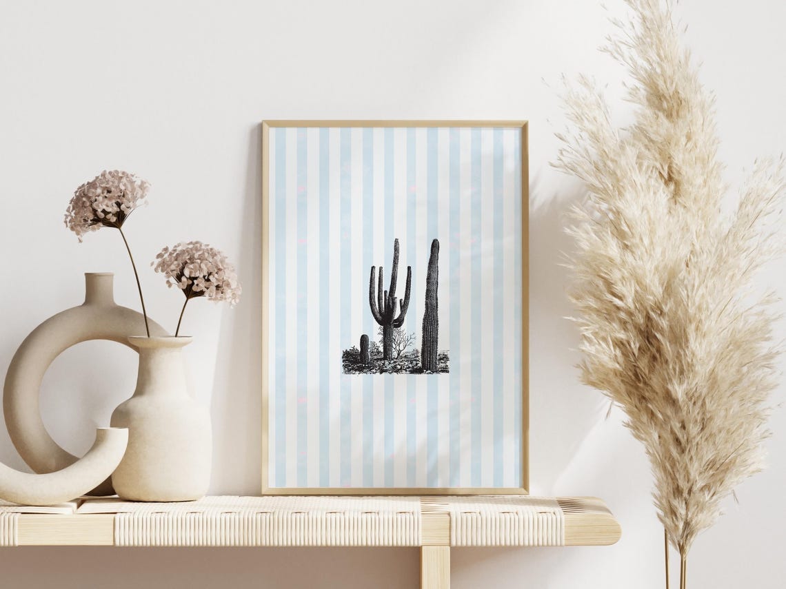 Saguaro Cactus Vintage Botanical Engraving Blue Striped Wall Art - Image 2