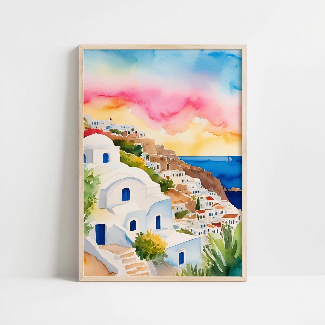 Greek Cliffside White Village Pink Sunset Watercolor Art Print