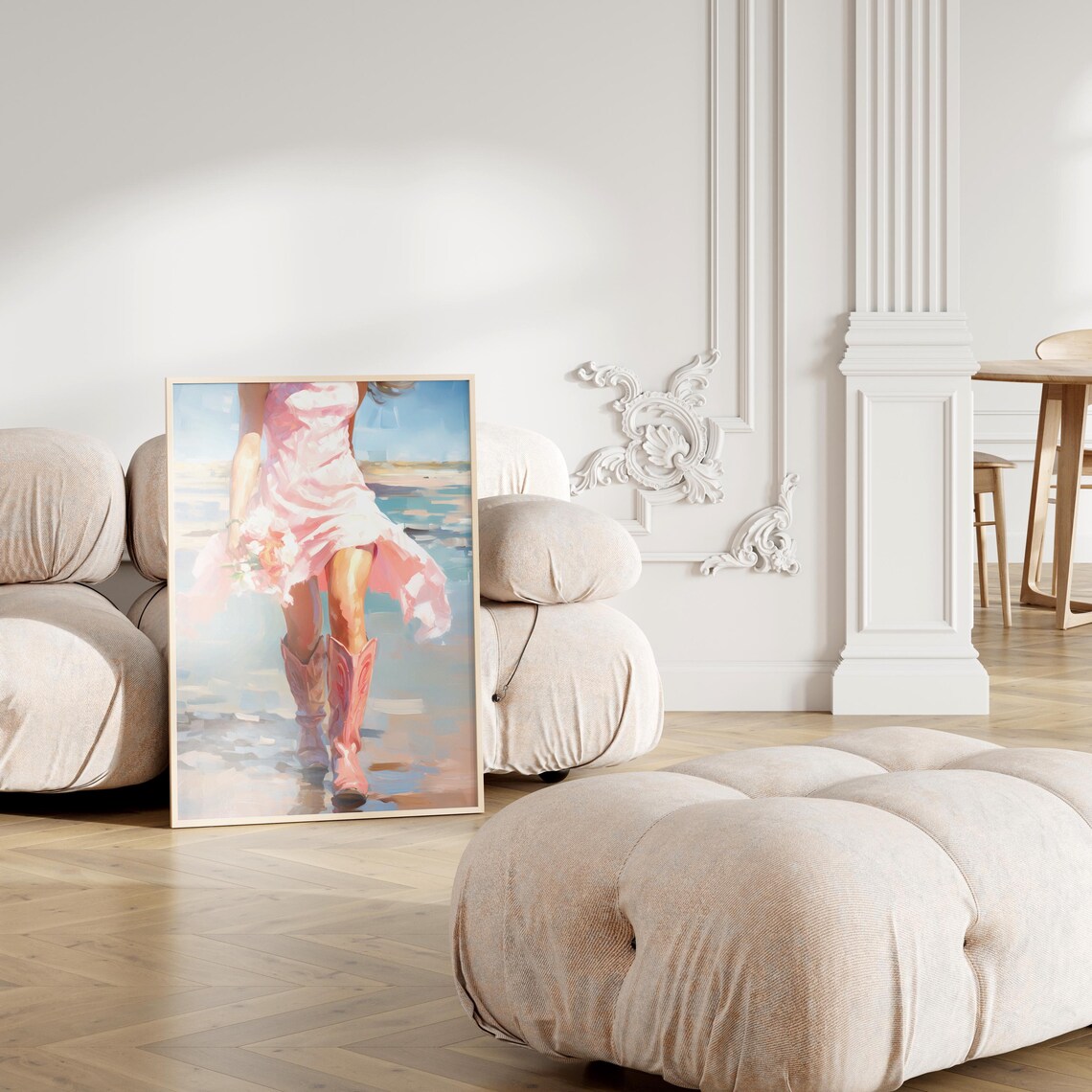 Coquette Pink Cowboy Boots Beach Girl Holding Flowers Wall Art - Image 2