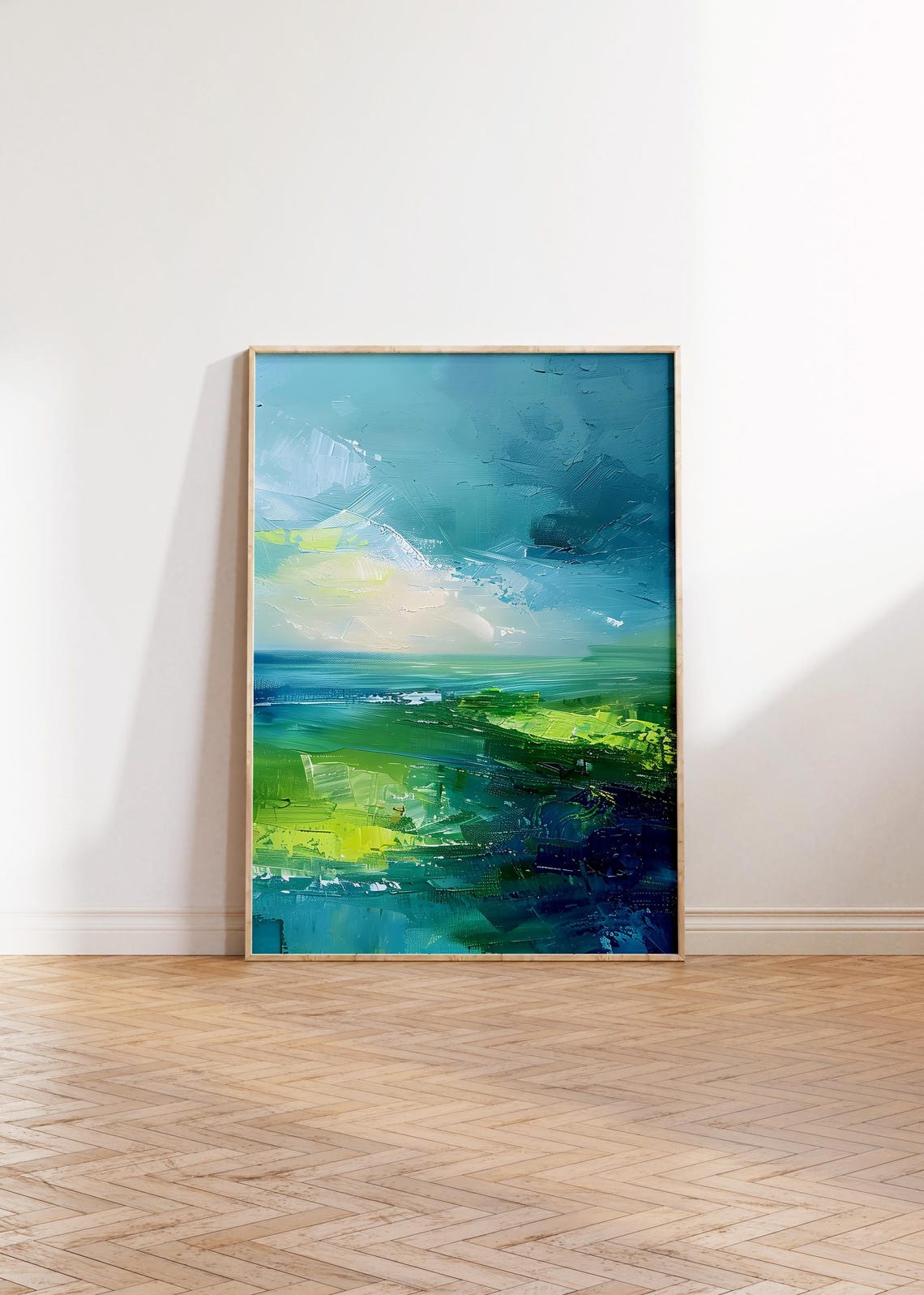 Vibrant Teal and Lime Abstract Ocean Landscape Painting Wall Art - Image 3