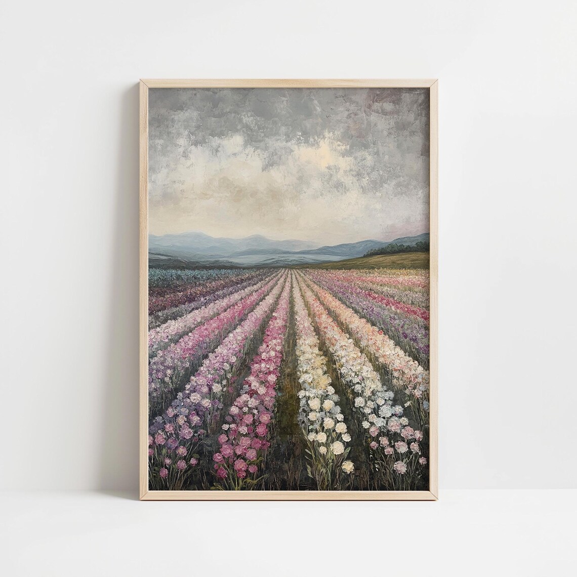 Soft Pink Flower Rows Under Cloudy Sky Serene Pastel Floral Poster