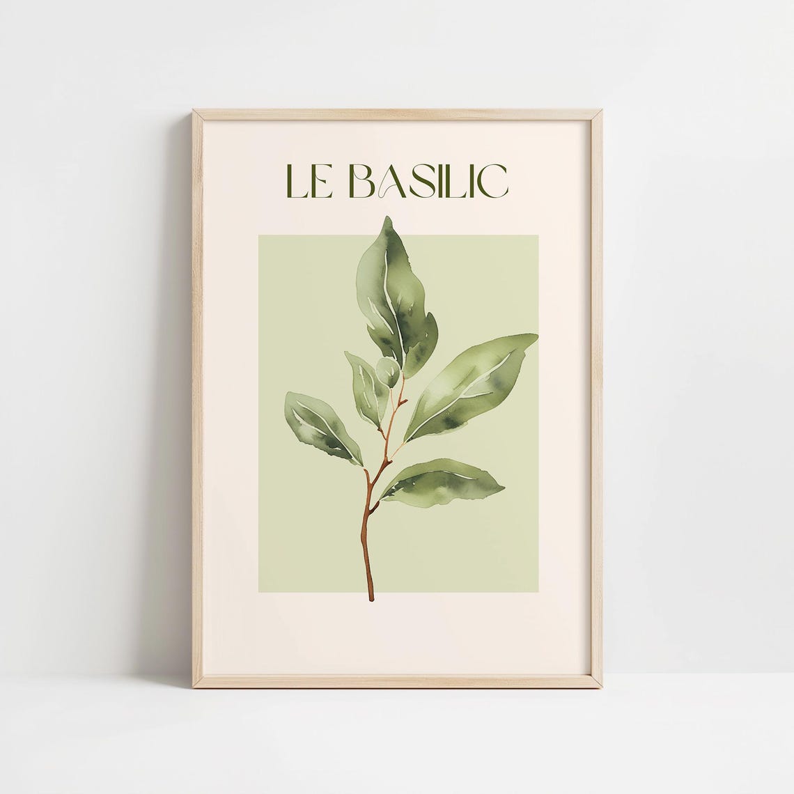 Le Basilic Watercolor Basil Sprig French Herb Kitchen Wall Art