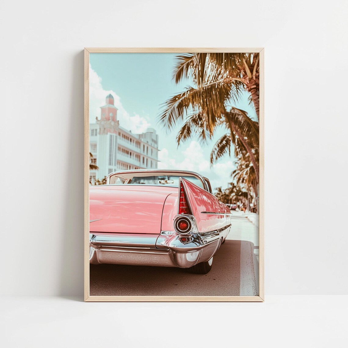 Retro Pink Vintage Car Art Print, Palm Springs
