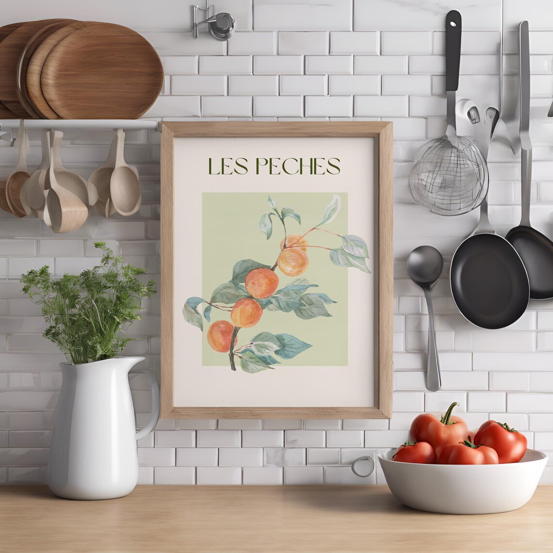 Les Peches Watercolor Peach Branch French Fruit Kitchen Wall Art - Image 3