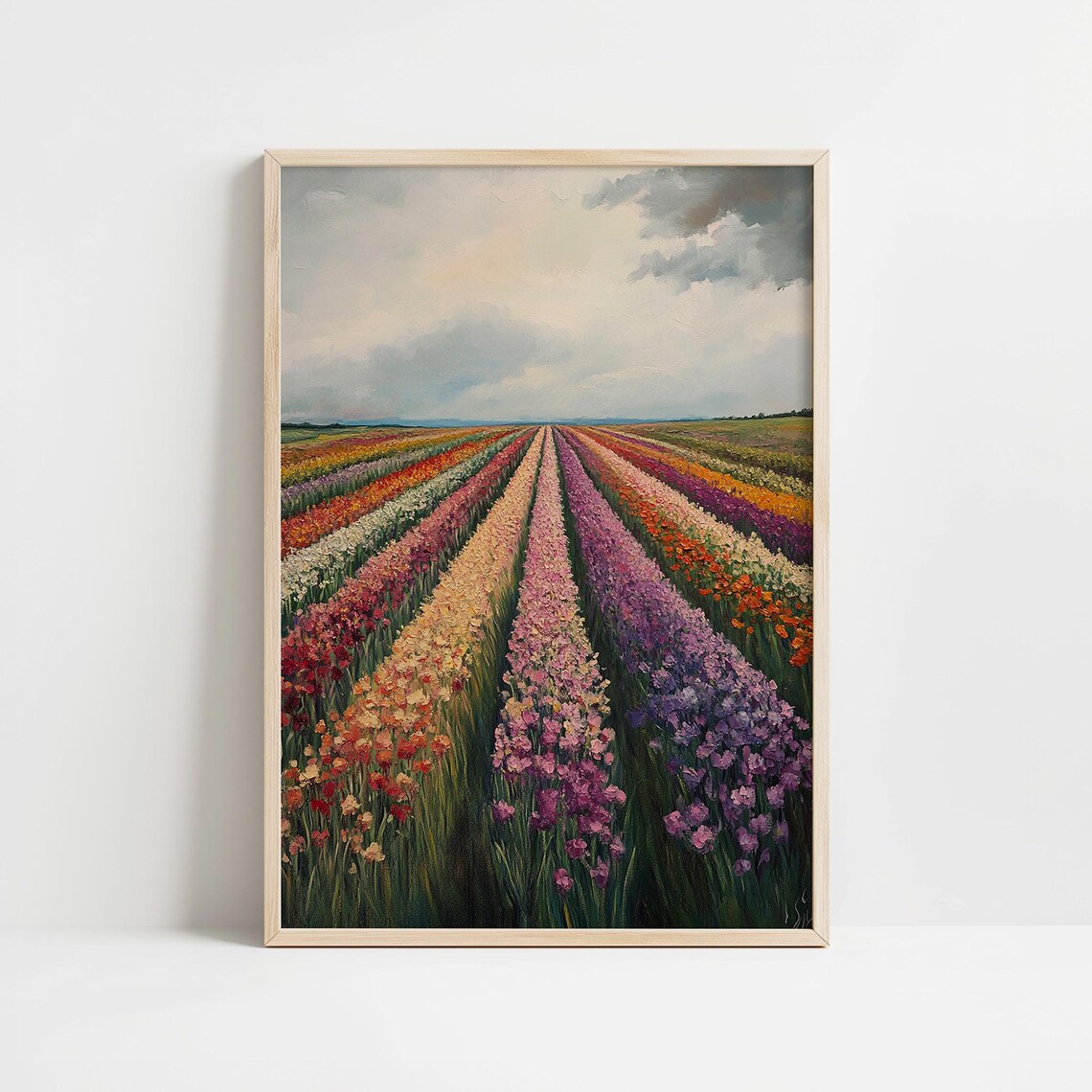 Vibrant Rainbow Flower Field Rows Pastel Impasto Colorful Art Poster