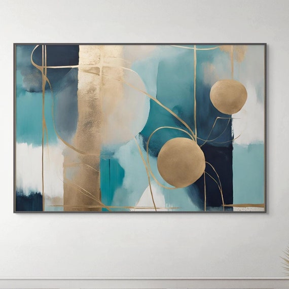 Teal And Gold Wall Art Abstract Circles Art Modern Geometric Painting Minimalist Wall Art Colorful Teal Art Modern Home Art Print