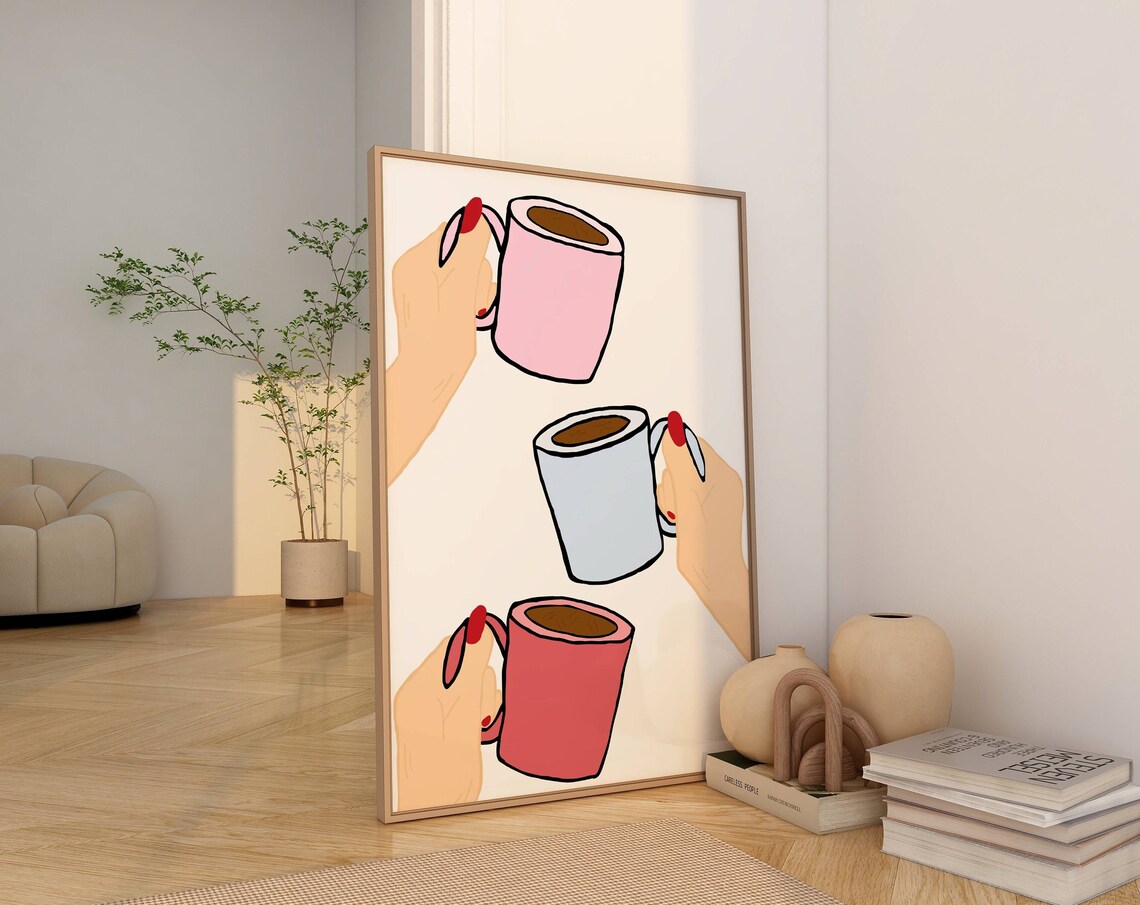 Three Hands Holding Colorful Coffee Mugs Cute Kitchen Illustration Poster