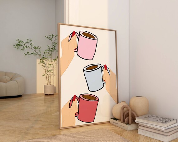 Three Hands Holding Colorful Coffee Mugs Cute Kitchen Illustration Poster
