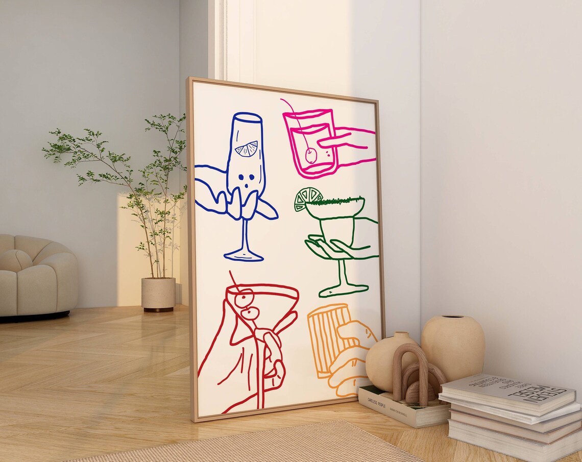 Cheers Cocktail Line Illustration Colorful Drinks Bar Cart Wall Art
