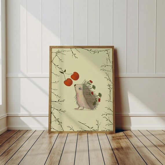 Cute Hedgehog Print With Leaf And Cherry Details Nursery Wall Art Wall Decor