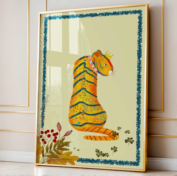 Crowned Tiger With Floral Pattern Folk Art Jungle Nursery Poster
