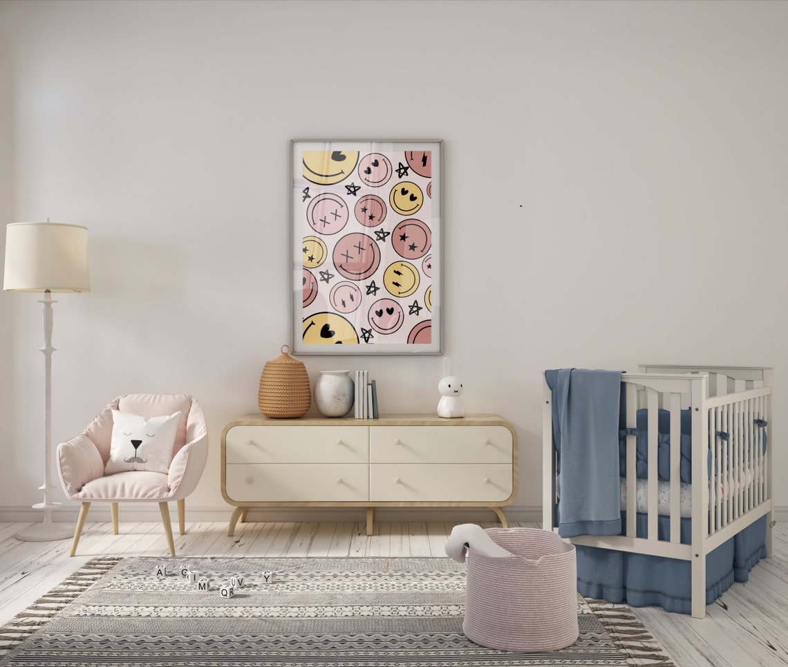 Retro Smiley Face Pattern Pink Yellow Cute Aesthetic Bedroom Poster - Image 2