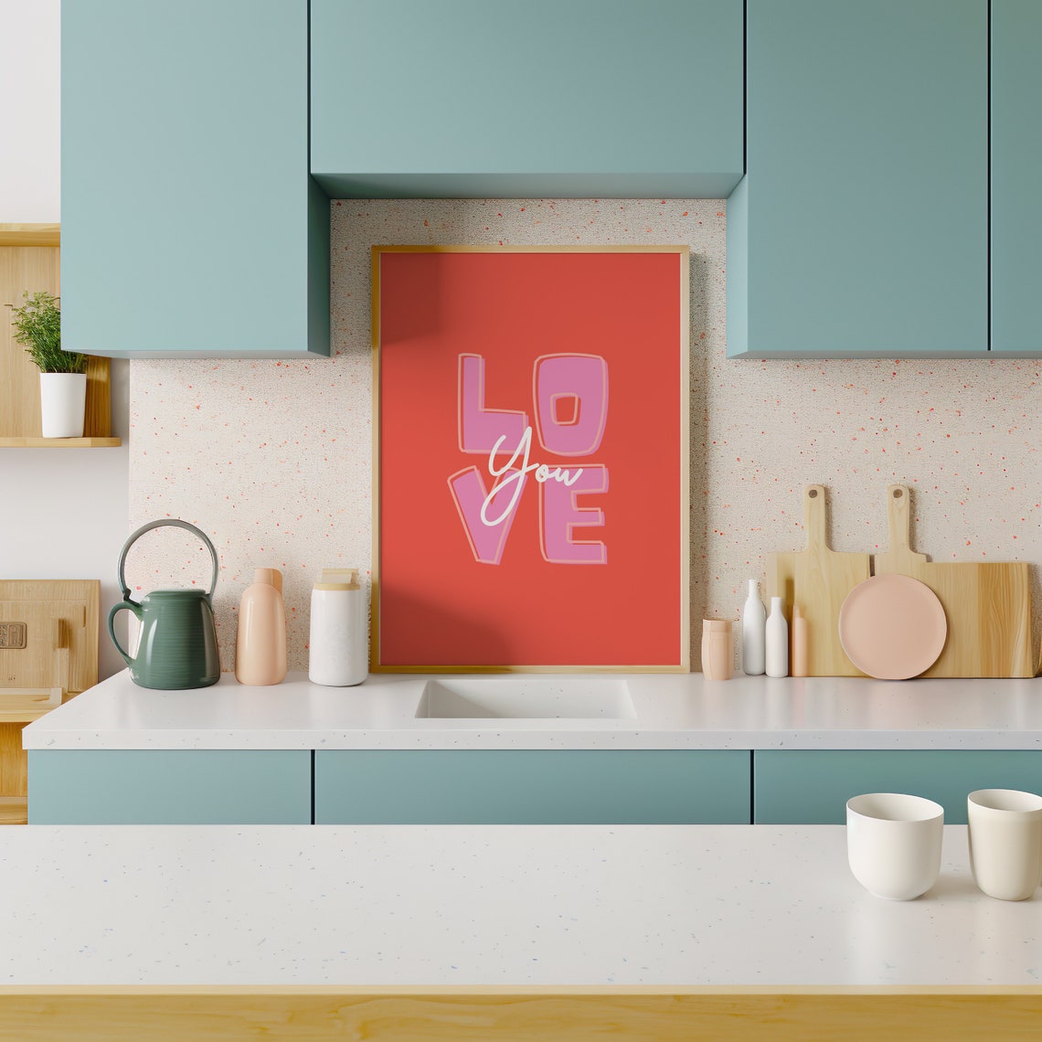 Love You Bold Pink Block Letters Red Minimal Quote Art Poster - Image 2