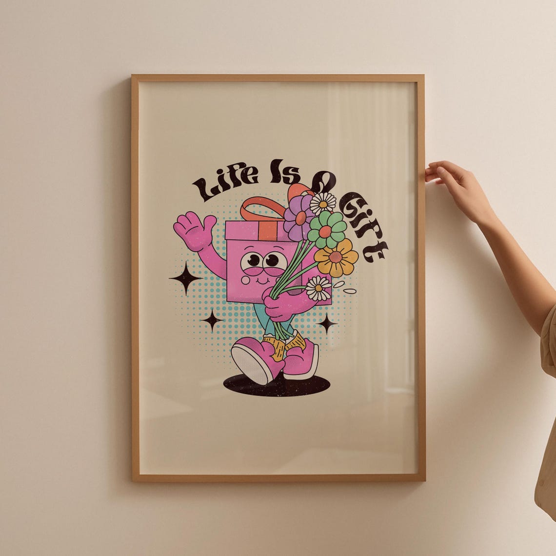 Life Is A Gift Cute Pink Retro Cartoon Gift Box Flowers Poster - Image 4
