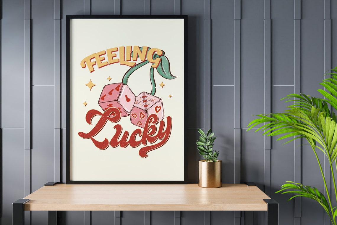 Feeling Lucky Fun Retro Bold Cherry Dice Typography Wall Art - Image 3