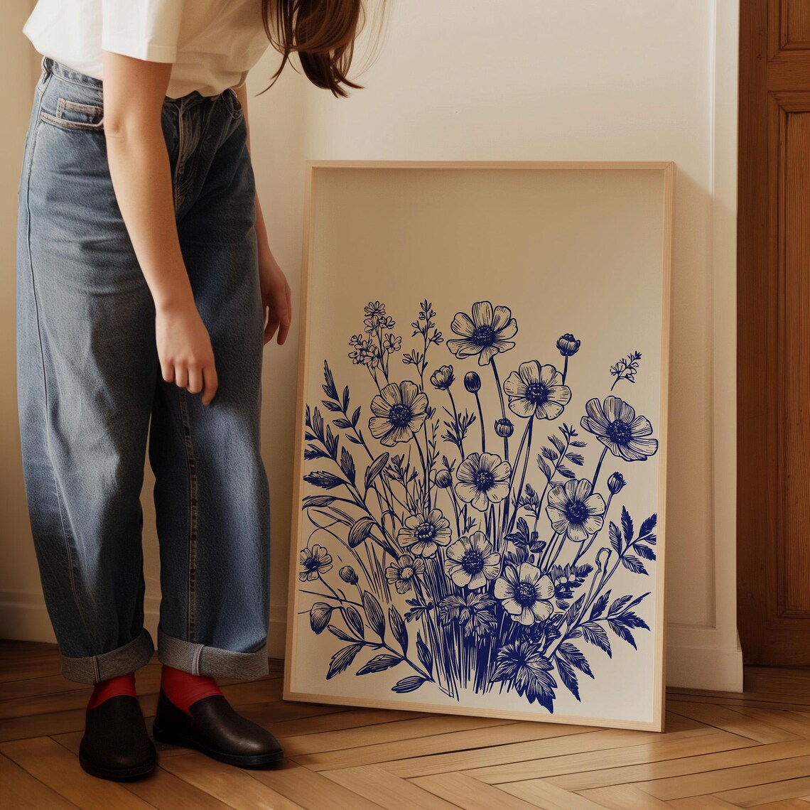 Blue Ink Botanical Bouquet Poster Vintage Wildflower Sketch Decor - Image 2