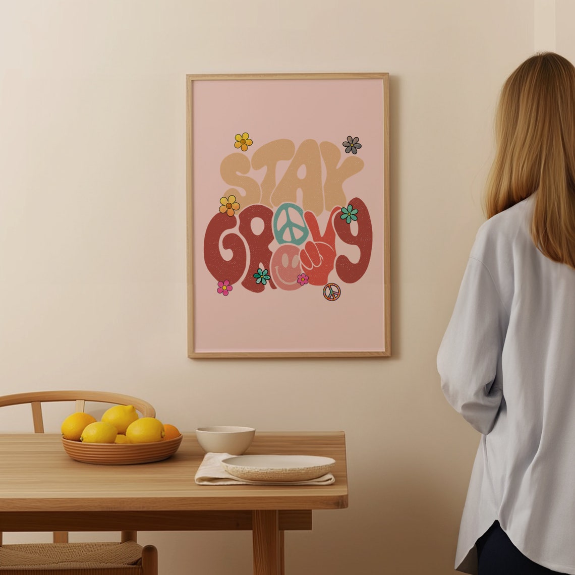 Stay Groovy Bold 70s Peace Sign Smiley Retro Hippie Quote Poster - Image 3