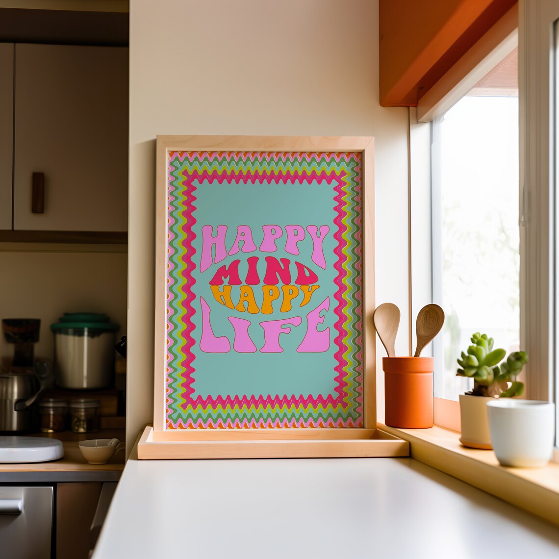 Happy Mind Happy Life Groovy Retro Quote Lettering Wall Poster - Image 4