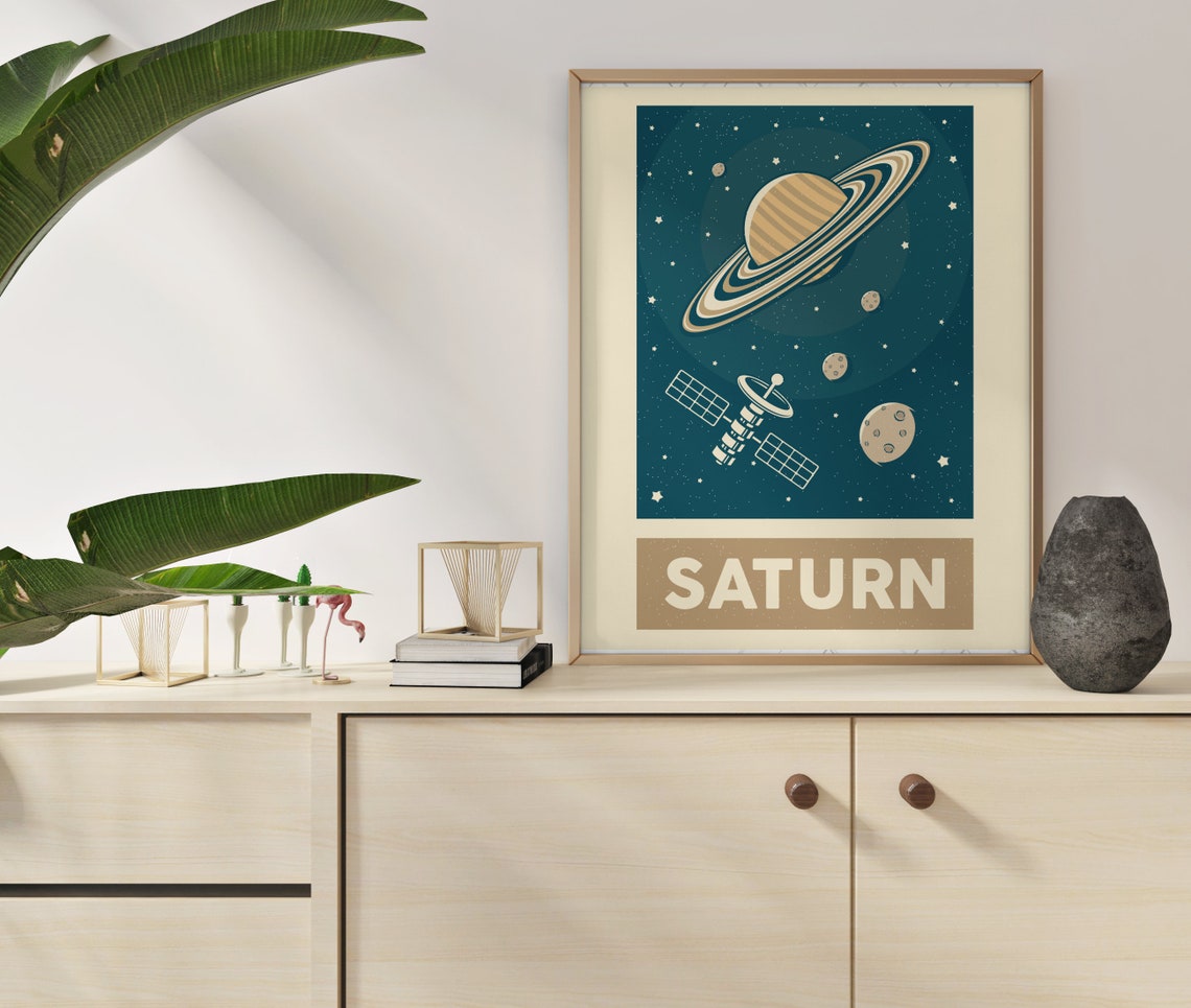 Saturn Retro Space Planet With Rings Satellite Solar System Poster - Image 3