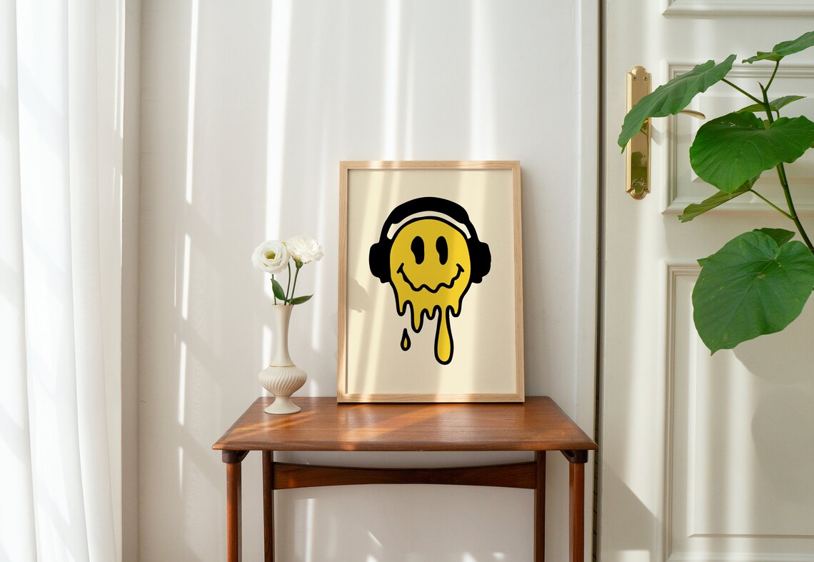Melting Smiley Face Headphones Yellow Retro Groovy Art Print - Image 2